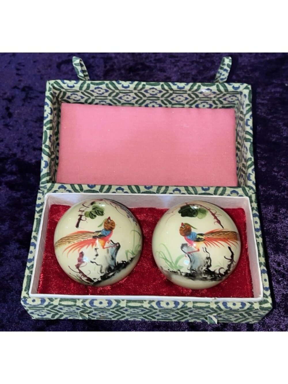 Chinese Health Stress Baoding Balls Bird of Paradise Vtg Chime W/ Box Paper WOW